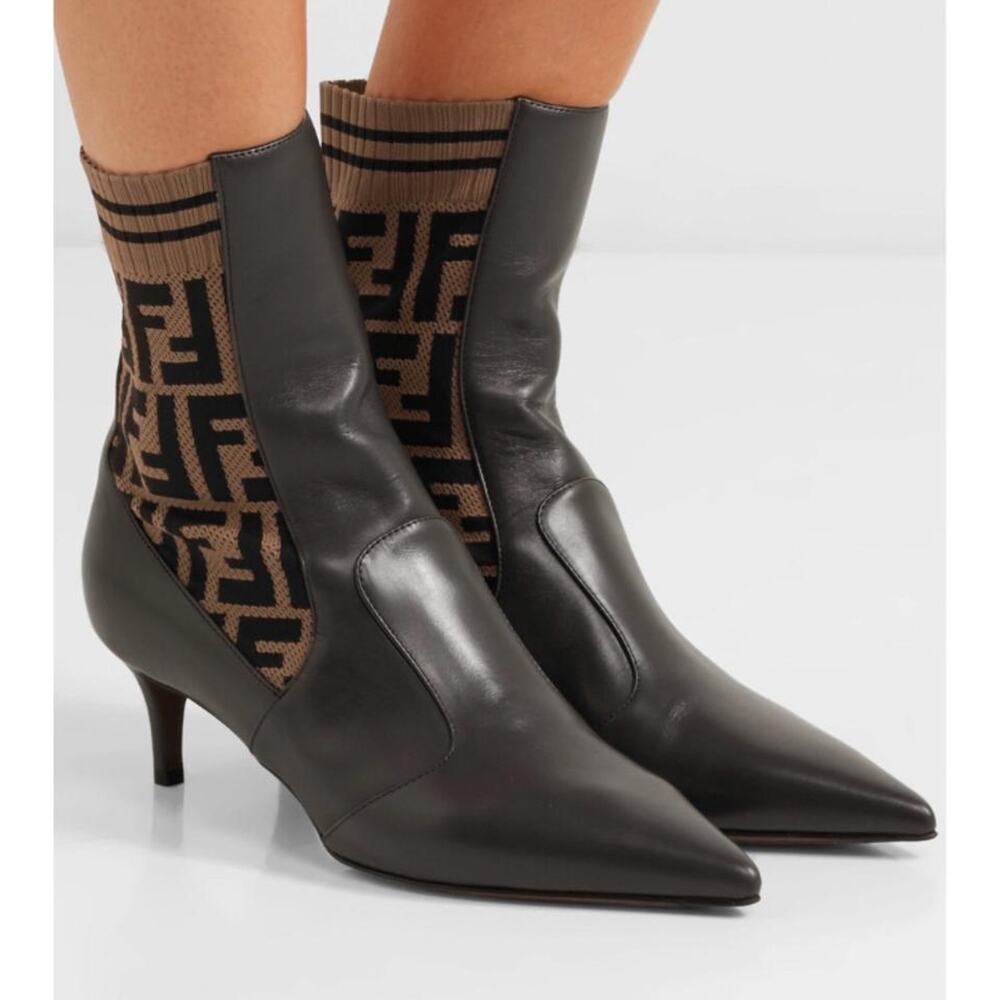 FENDI Rockoko FF logo stretch knit leather ankle boots - Picture 2 of 7